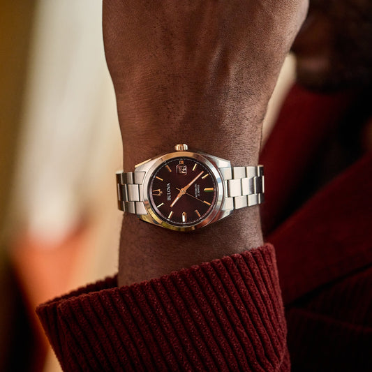 Bulova Men's Surveyor Automatic Stainless Steel Watch with Burgundy Dial side profile
