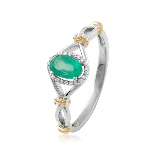 Oval Emerald & 1/10 ct. tw. Diamond Halo Ring in 10K White & Yellow Gold front view