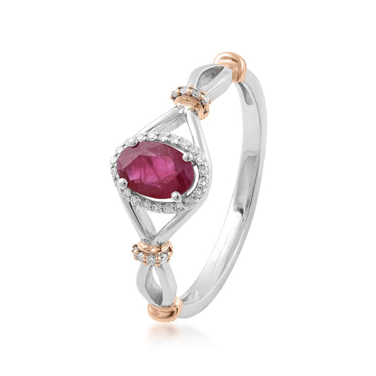 Oval Ruby & 1/10 ct. tw. Diamond Halo Ring in 10K White & Pink Gold front view