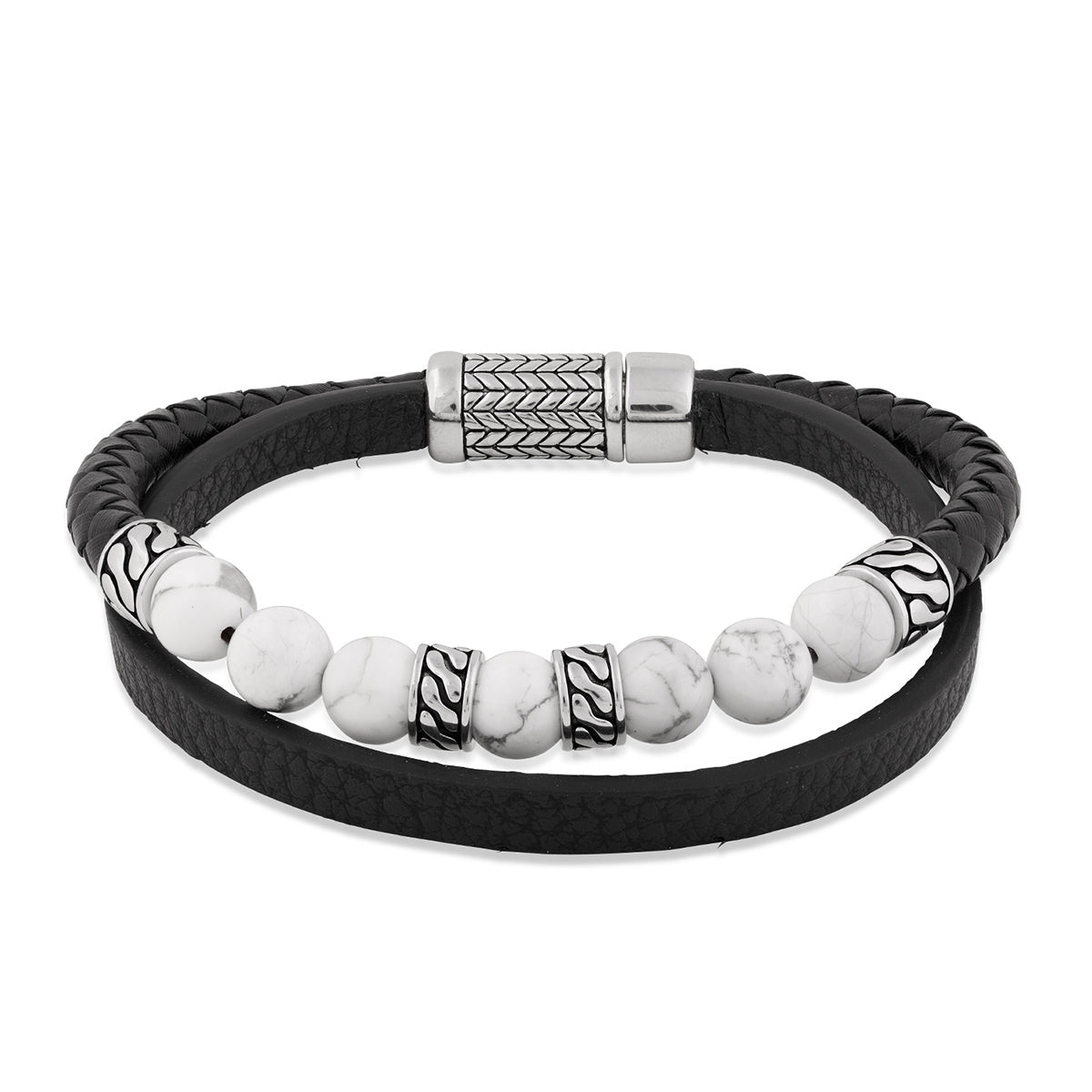 Men's White Howlite Bead 8.5-inch Leather Cord Bracelet in Sterling Silver