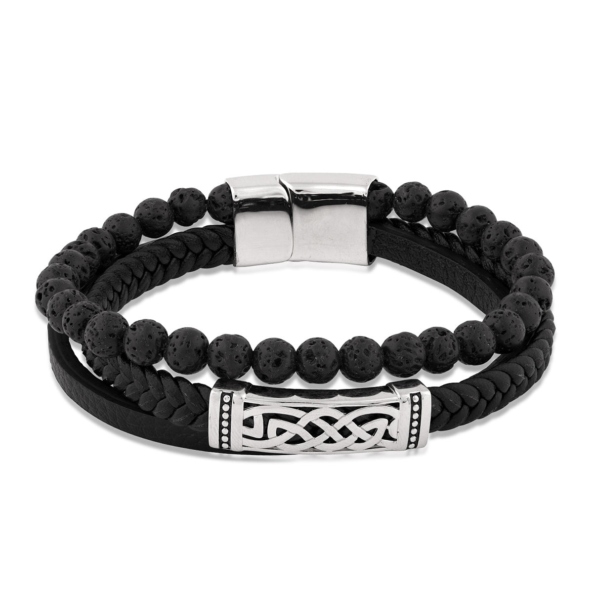 Men's Volcanic Bead 8.5-inch Leather Cord Bracelet in Sterling Silver