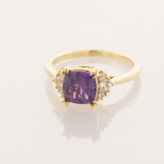 Created Cushion Alexandrite & White Sapphire Ring in 10K Yellow Gold close-up detail
