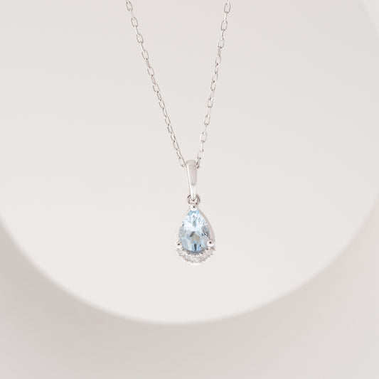 Pear Aquamarine & Diamond Accent Pendant in 10K White Gold front view