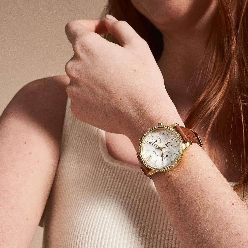 gold-tone stainless steel ladies' Fossil Neutra watch with mother-of-pearl dial and brown leather strap