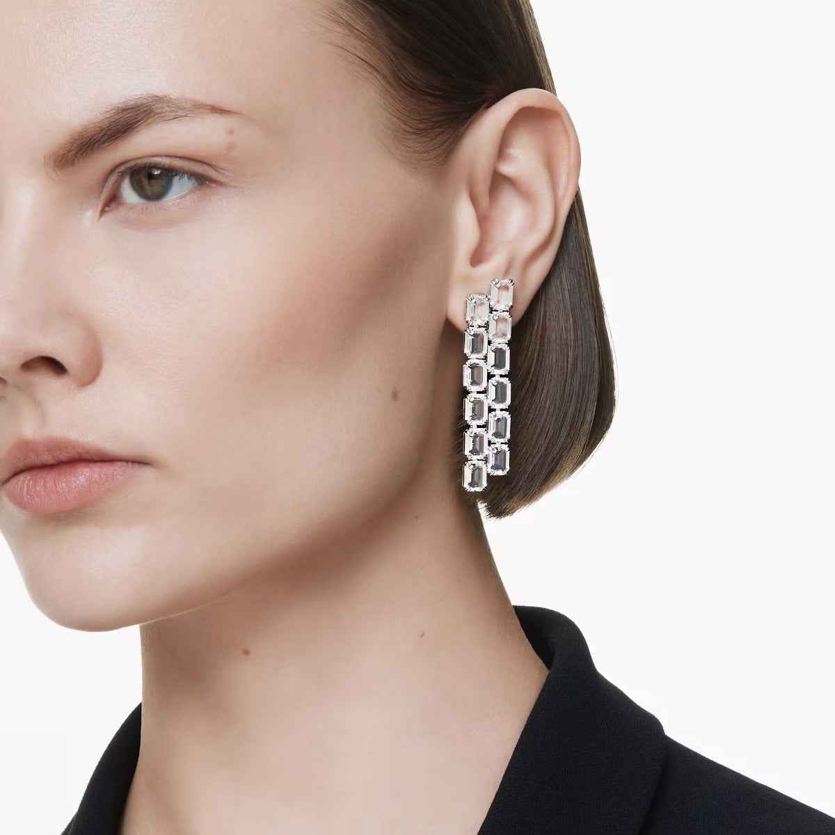 Swarovski Millenia Emerald Cut White Crystal Clip On Dangle Earrings in White Rhodium Plating front view