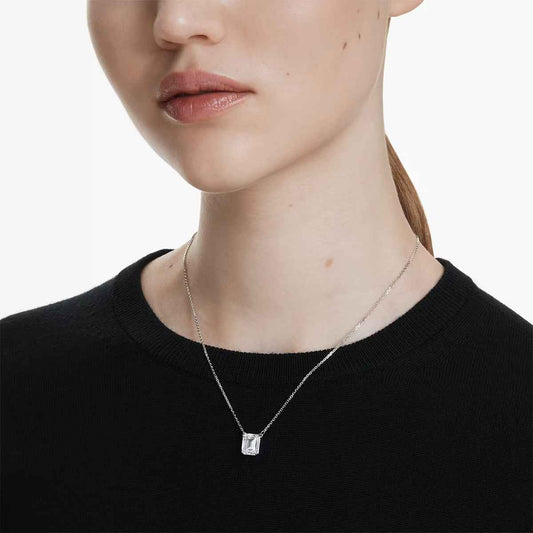Swarovski Stilla Emerald Cut White Crystal Solitaire Necklace in White Rhodium Plating close-up detail