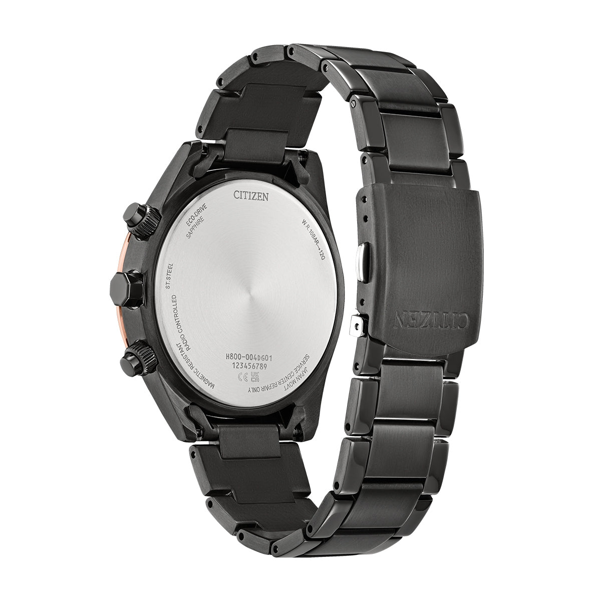 Citizen Men's Sport Luxury Eco-Drive Black Stainless Steel Watch with Blue Dial close-up detail