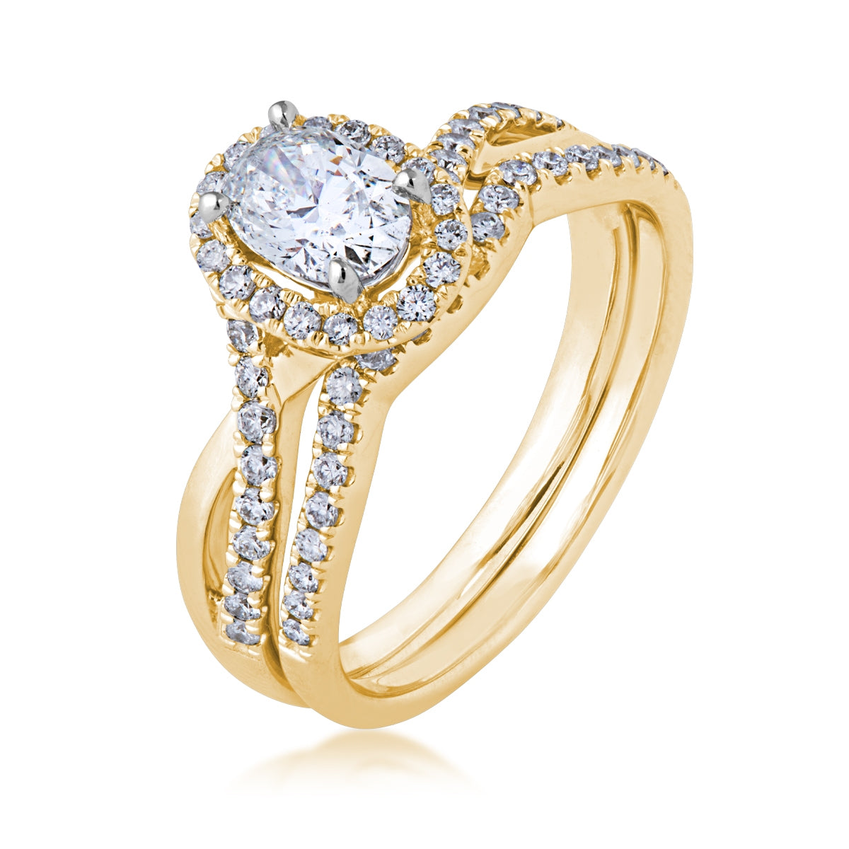 Canadian Rocks 9/10 ct. tw. Oval Diamond Halo Wedding Set in 14K Yellow Gold front view