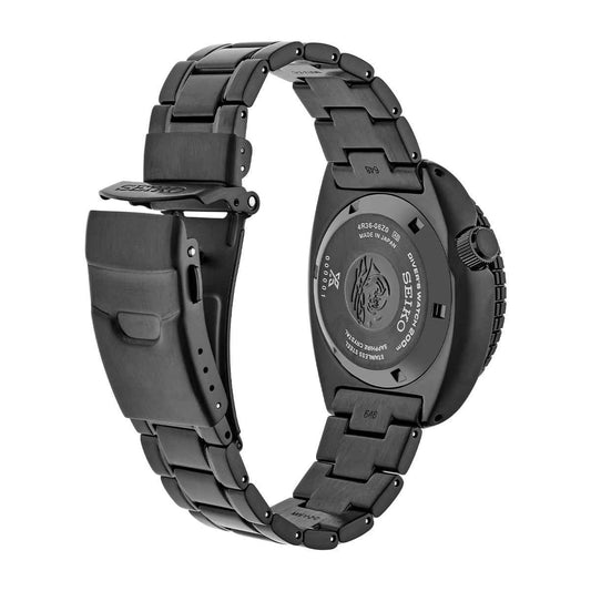 Seiko Men's Prospex Automatic Black Stainless Steel Watch with Black Dial close-up detail