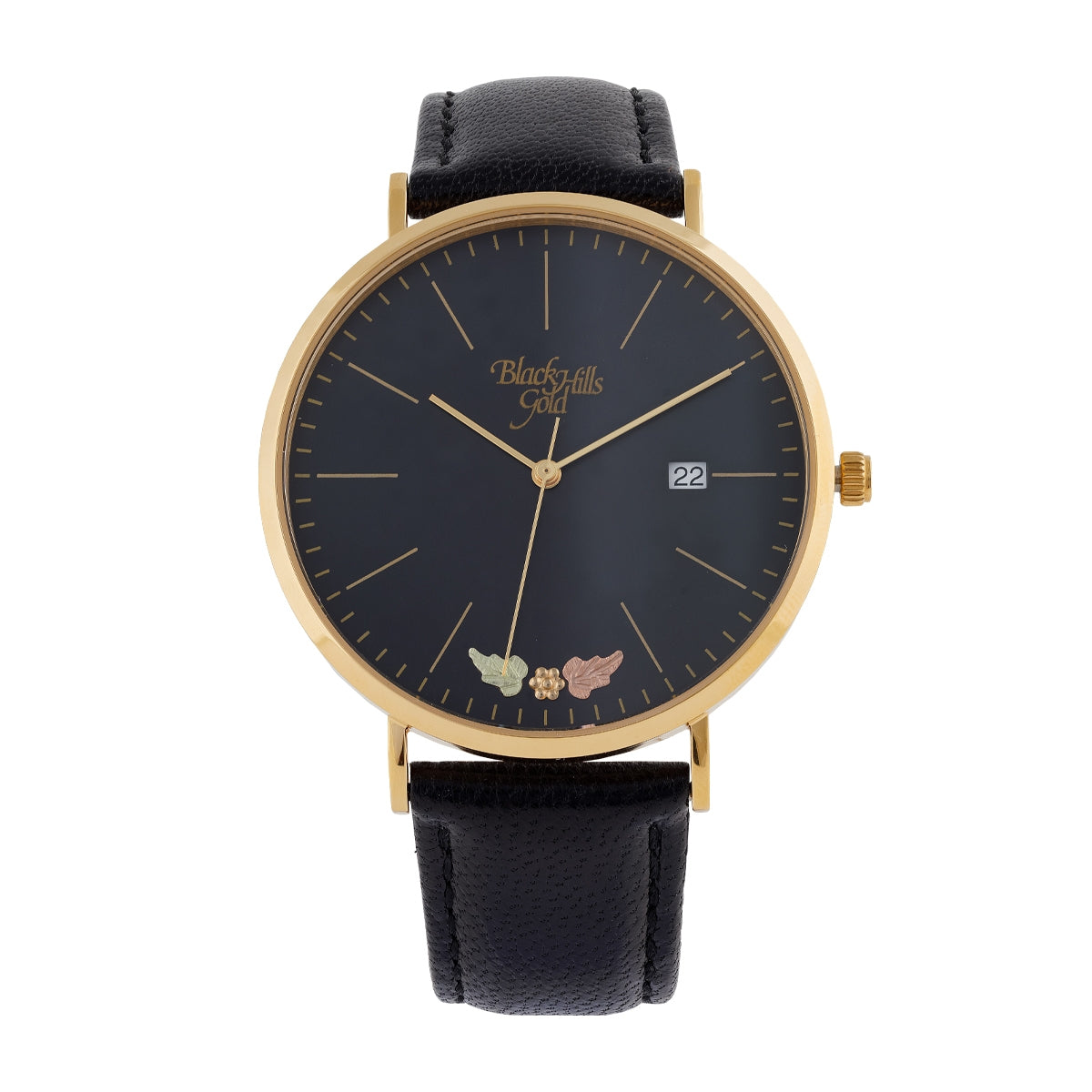Black Hills Gold Men's Quartz Gold-Tone Stainless Steel Watch with Black Dial & Leather Strap