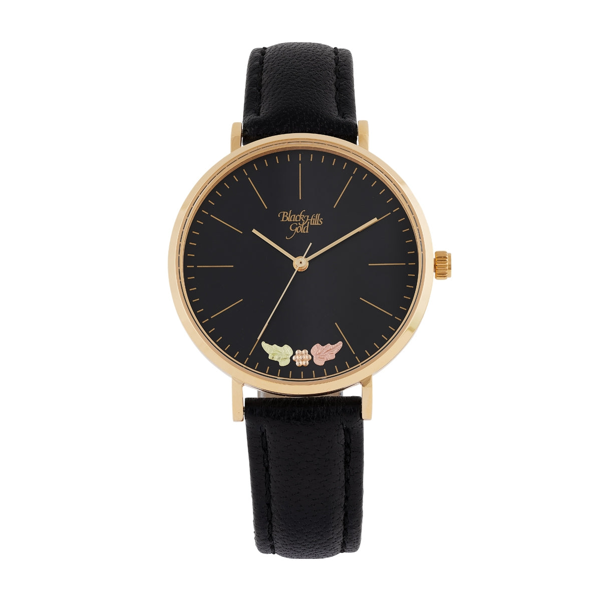 Black Hills Gold Ladies' Quartz Gold-Tone Stainless Steel Watch with Black Dial & Leather Strap