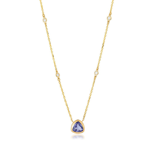 Trillion Tanzanite & Diamond Accent Bezel Necklace in 14K Yellow Gold front view