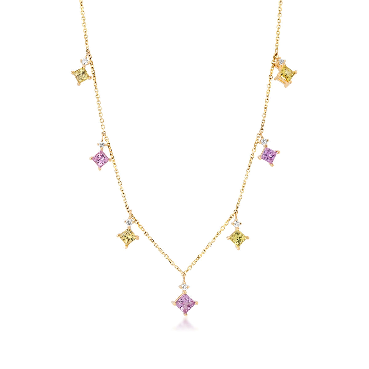 Princess Cut Pink & Yellow Sapphire & 1/7 ct. tw. Diamond Station Necklace in 14K Yellow Gold