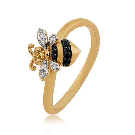 Diamond Accent & Citrine & Black Sapphire Bee Ring in 10K Yellow Gold front view
