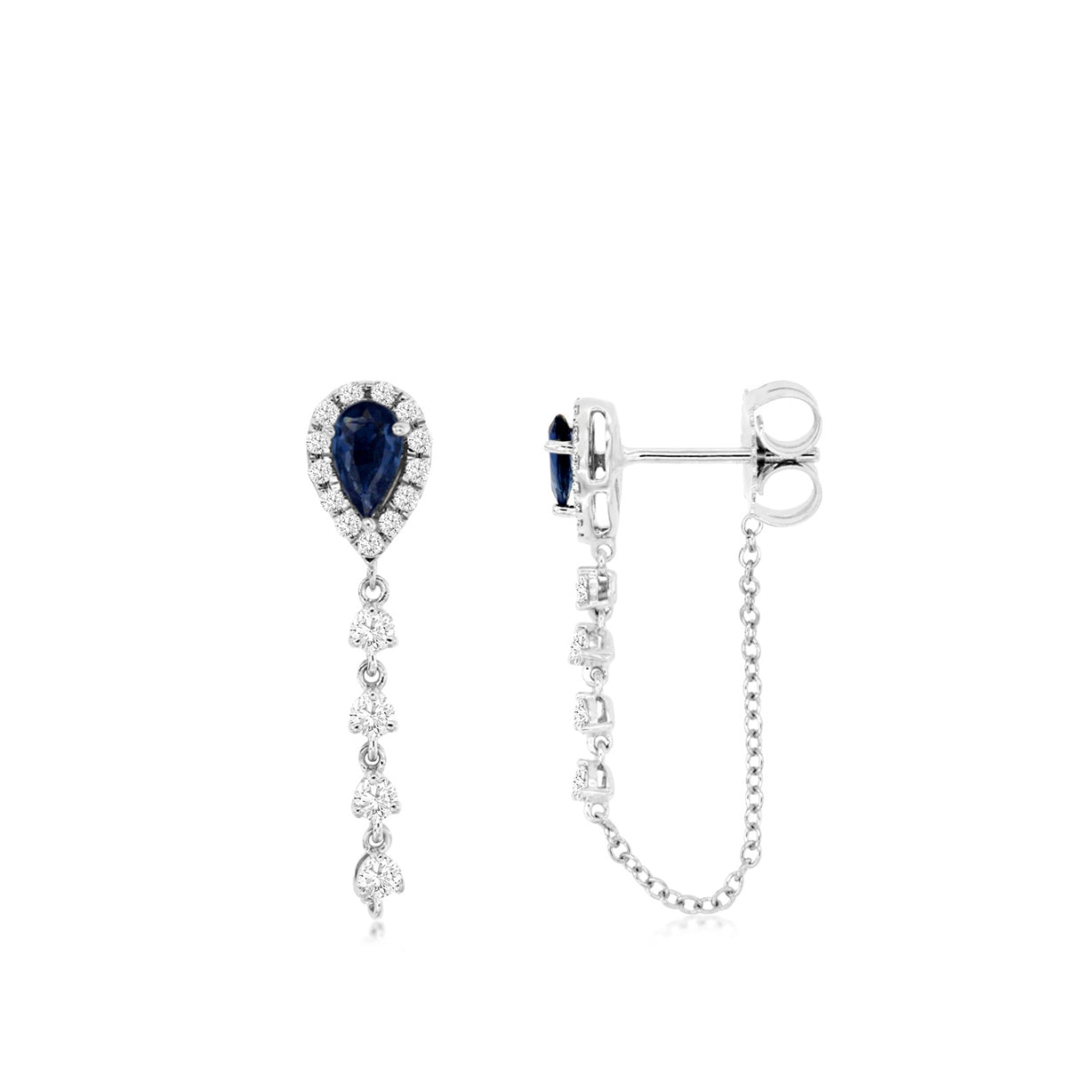 Pear Sapphire & 1/3 ct. tw. Diamond Halo Drop Chain Earrings in 14K White Gold