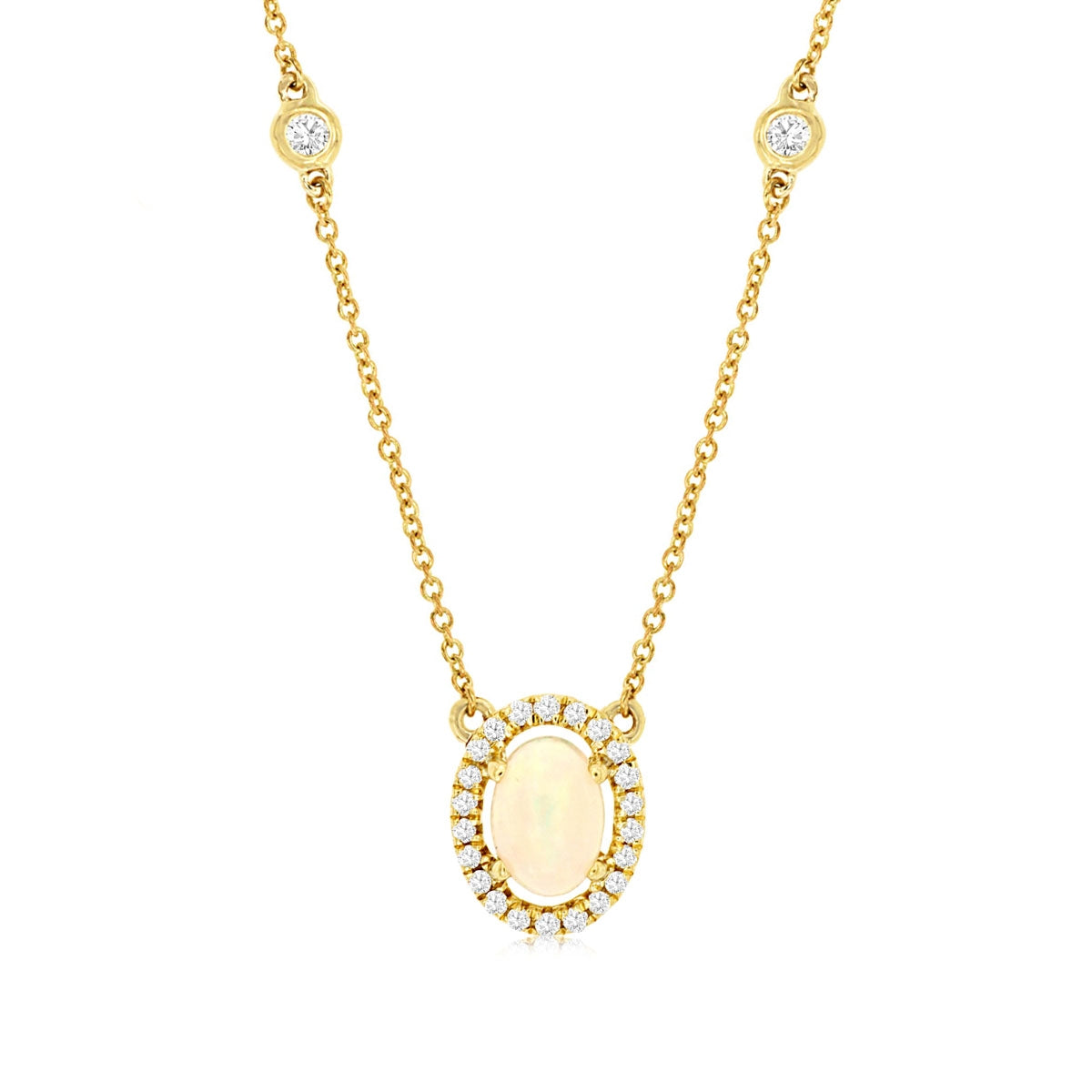 Oval Opal & 1/4 ct. tw. Diamond Halo & Chain Accent Necklace in 14K Yellow Gold