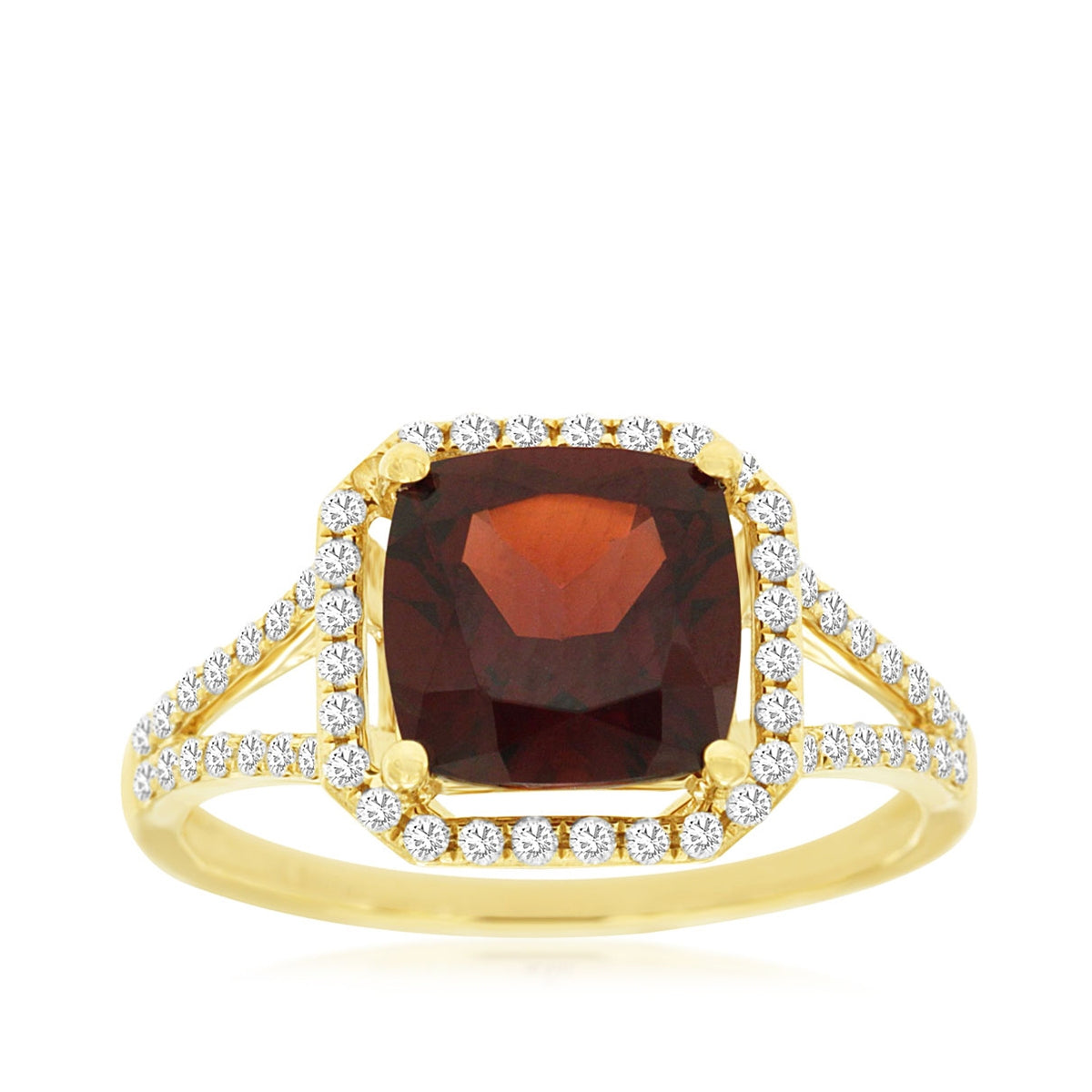 Cushion Garnet & 1/3 ct. tw. Diamond Halo Split Shank Ring in 14K Yellow Gold