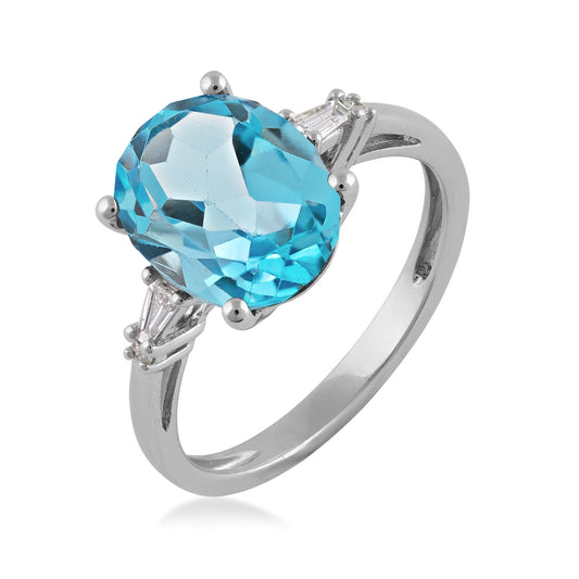 Oval Swiss Blue Topaz & 1/10 ct. tw. Diamond Ring in 14K White Gold front view