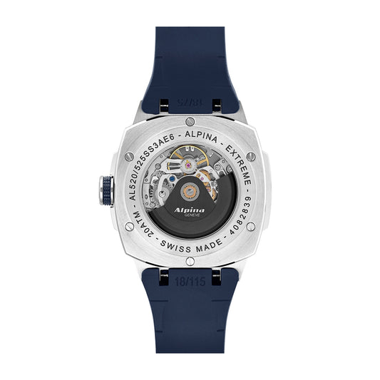 Alpina Men's Alpiner 4 Automatic Stainless Steel Watch with Blue Dial & Rubber Strap close-up detail