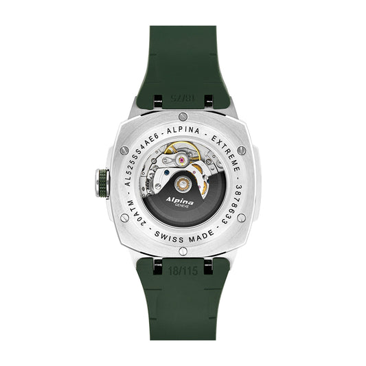 Alpina Men's Alpiner Extreme Automatic Stainless Steel Watch with Green Dial & Rubber Strap close-up detail