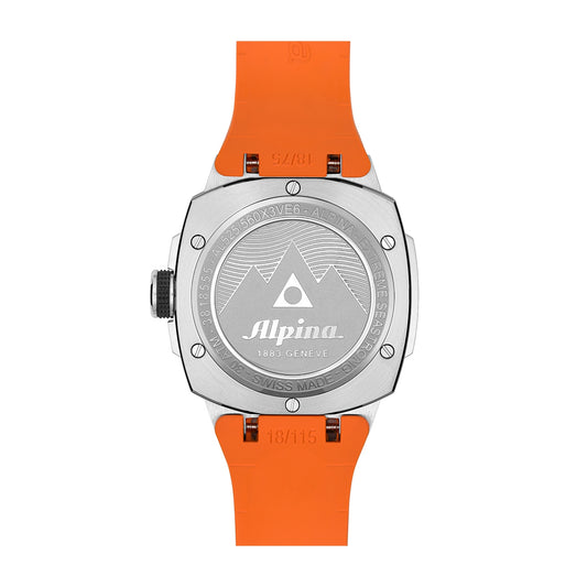 Alpina Men's Seastrong Diver Extreme Automatic Stainless Steel Watch with Black Dial & Orange Rubber Strap close-up detail