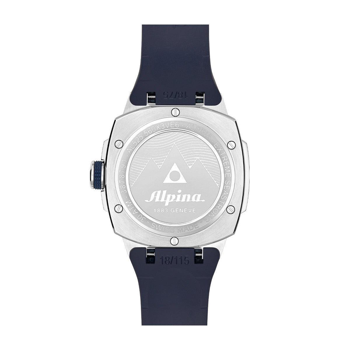 Alpina Men's Seastrong Diver Extreme Automatic Stainless Steel Watch with Blue Dial & Rubber Strap close-up detail