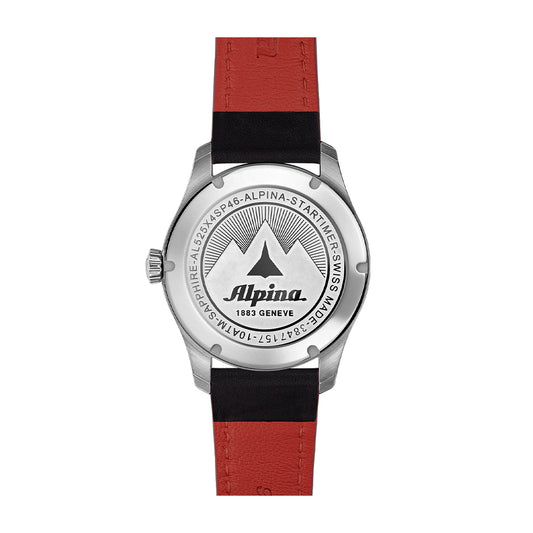 Alpina Men's Startimer Pilot Automatic Stainless Steel Watch with Black Dial & Leather Strap close-up detail