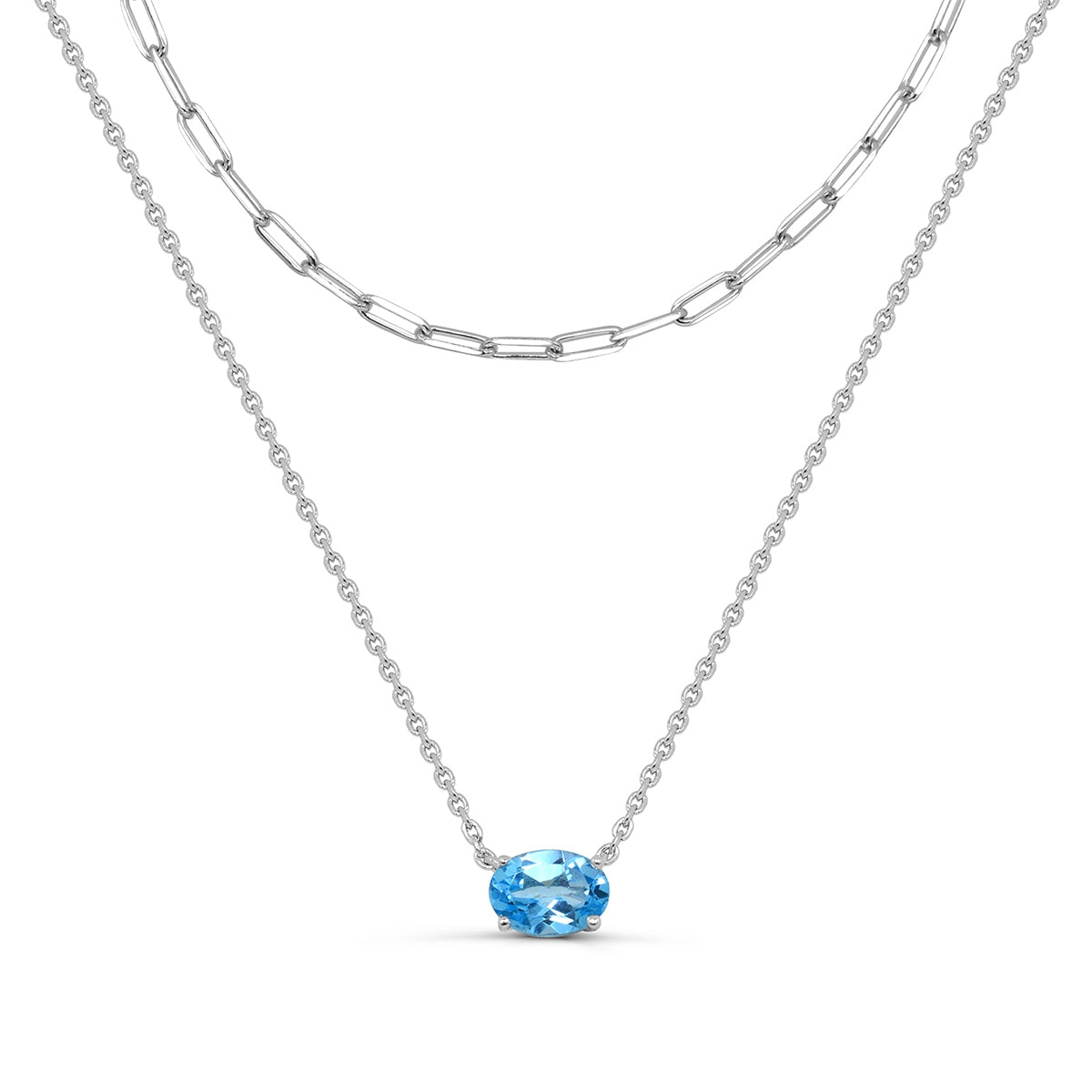 Oval Swiss Blue Topaz Layered Paperclip Necklace in Sterling Silver