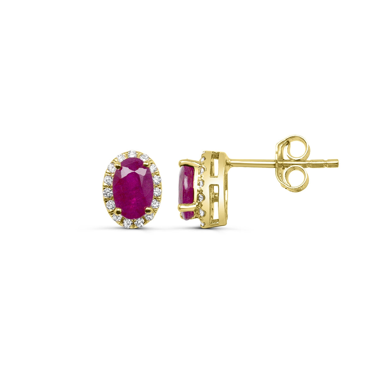 Oval Ruby & 1/8 ct. tw. Diamond Halo Earrings in 14K Yellow Gold