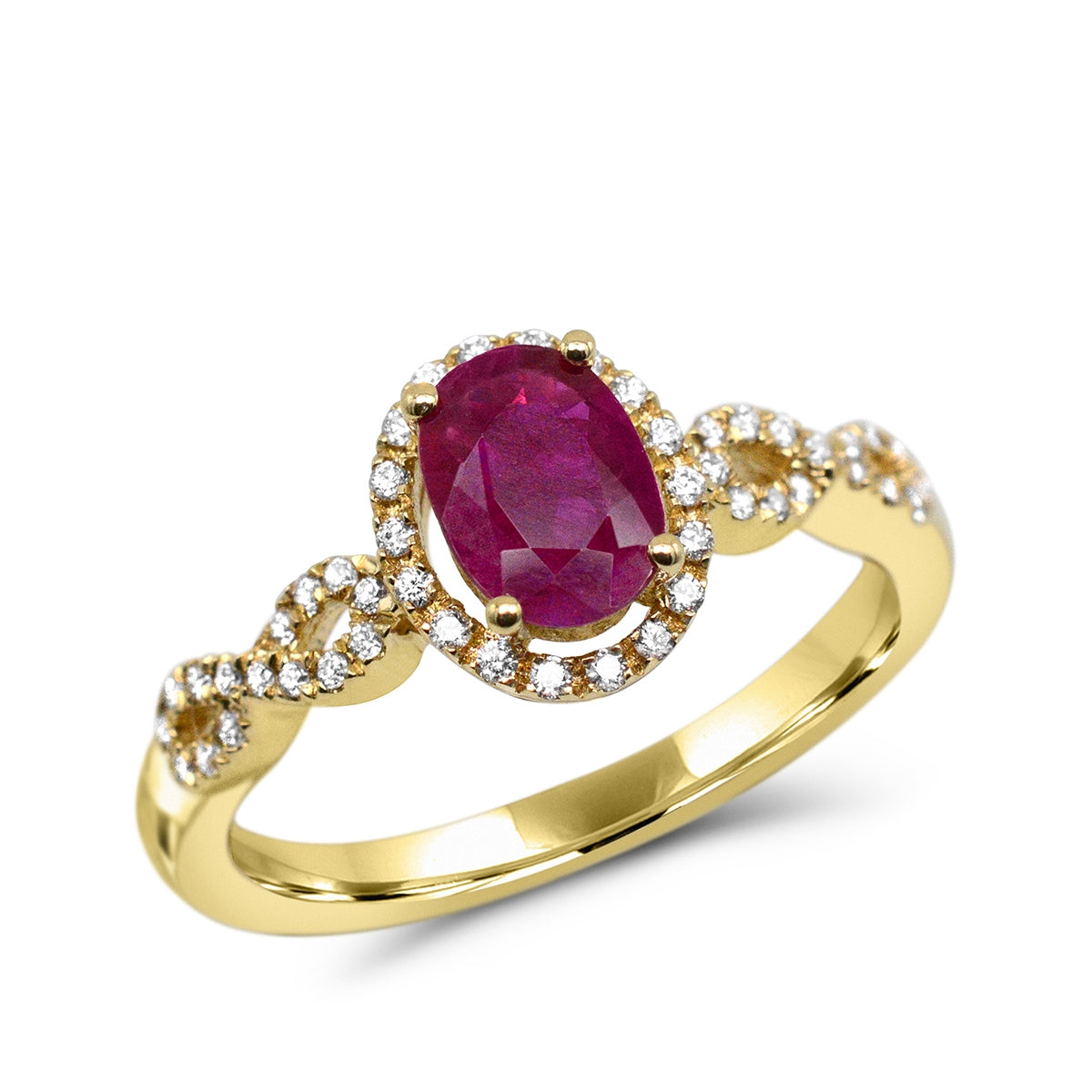 Oval Ruby & 1/6 ct. tw. Diamond Halo Infinity Ring in 14K Yellow Gold front view
