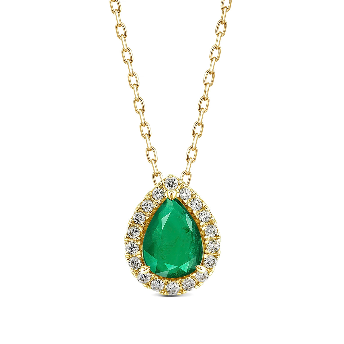 Pear Emerald & 1/6 ct. tw. Diamond Halo Pendant in 14K Yellow Gold