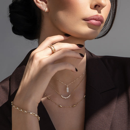 Bar Bead & Link Strand Necklace in 10K Yellow Gold front view