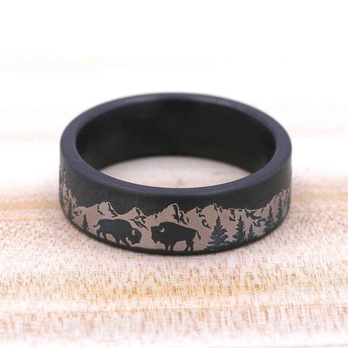 Benchmark Men's 6.5mm Mountain Buffalo Design Wedding Ring in Dark Tantalum