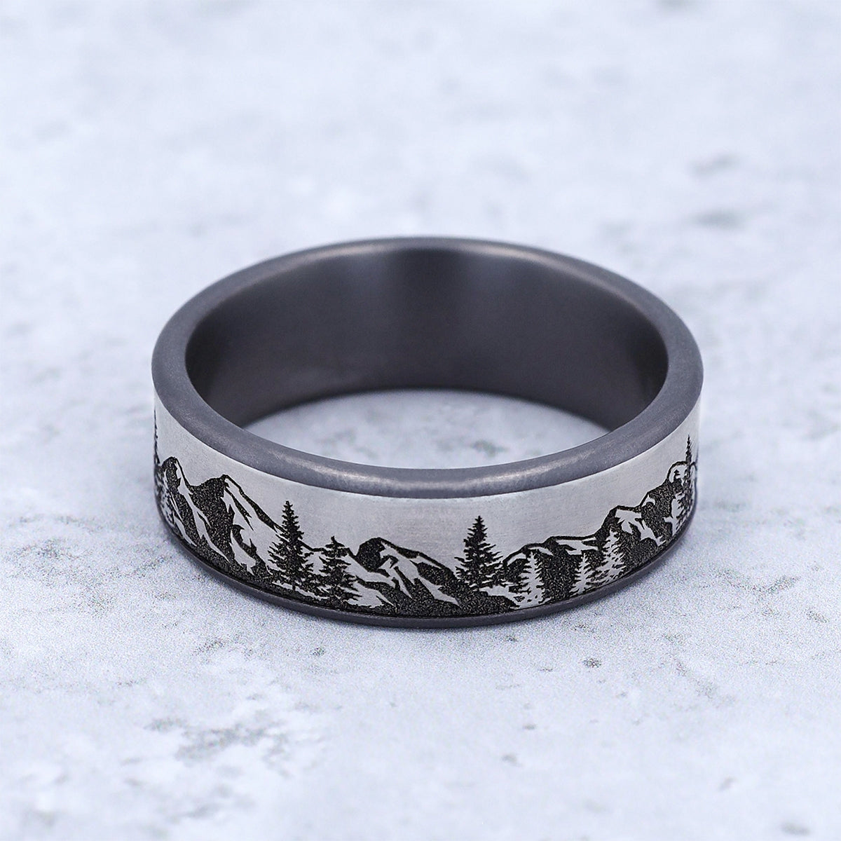 Men's 7.5mm Mountain Range Wedding Ring in Gray Tantalum close-up detail