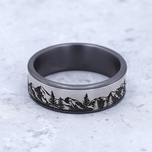 Men's 7.5mm Mountain Range Wedding Ring in Gray Tantalum close-up detail