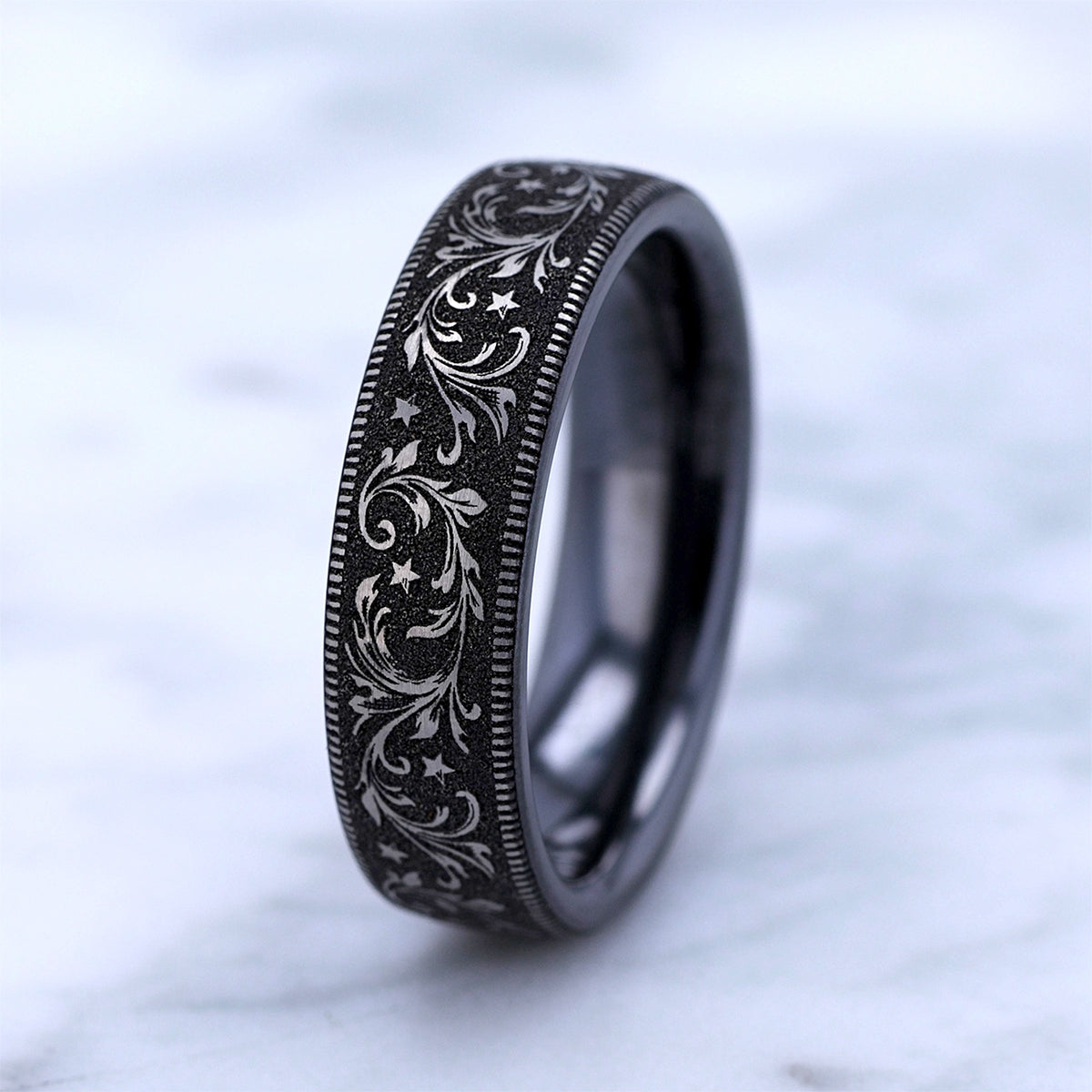 Men's Barrel Script Wedding Ring in Black & Gray Titanium close-up detail