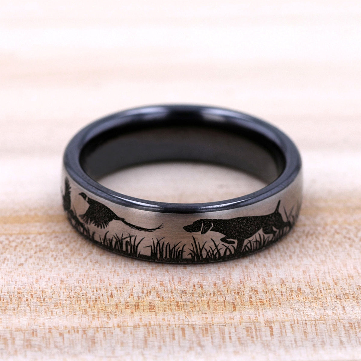gray tantalum men's 6.5mm hunting wedding ring styled