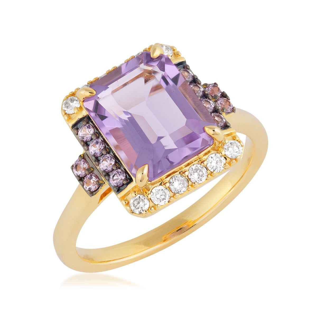 Le Vian Emerald Cut Grape Amethyst & Pink Sapphire & 1/5 ct. tw. Nude Diamond Halo Ring in 14K Honey Gold front view