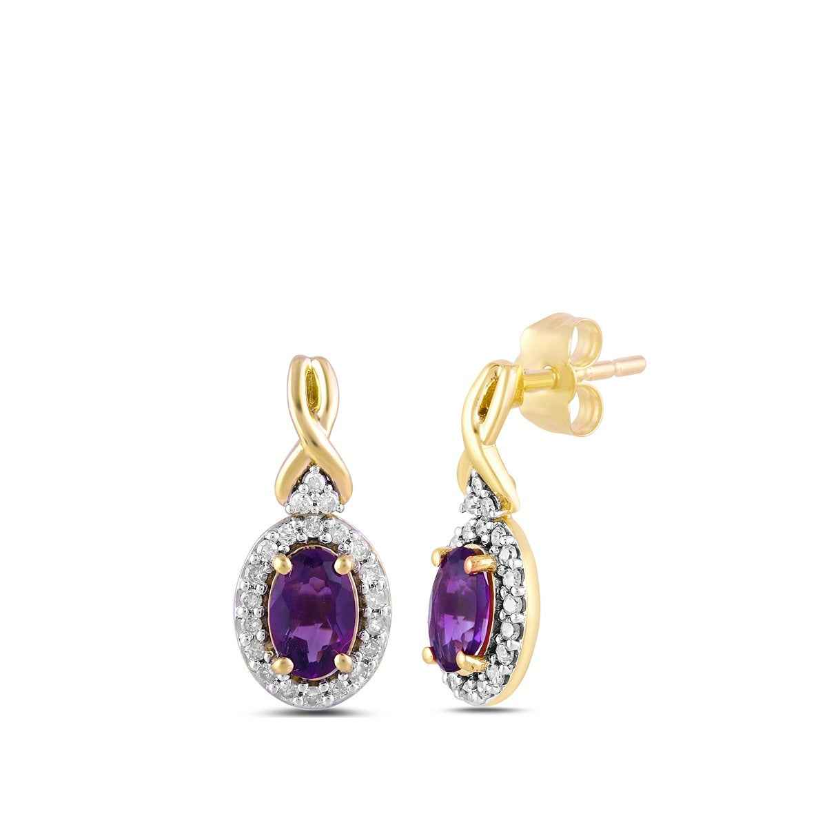 Infinite Love Oval Amethyst & 1/5 ct. tw. Diamond Halo Dangle Earrings in 10K Yellow Gold