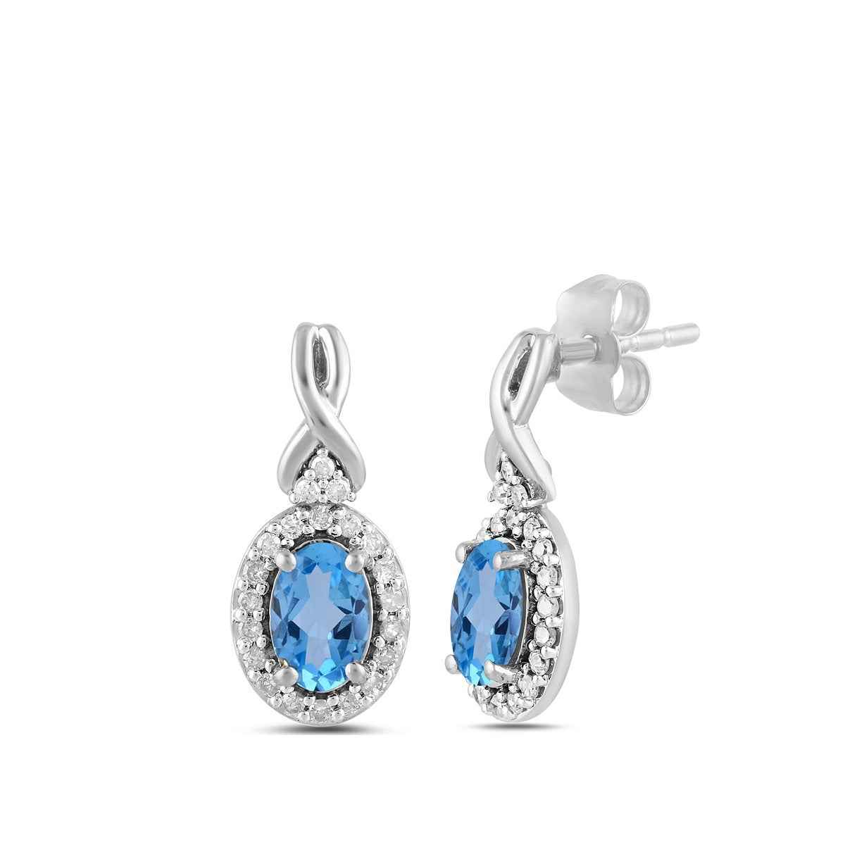Infinite Love Oval Swiss Blue Topaz & 1/5 ct. tw. Diamond Halo Dangle Earrings in 10K White Gold