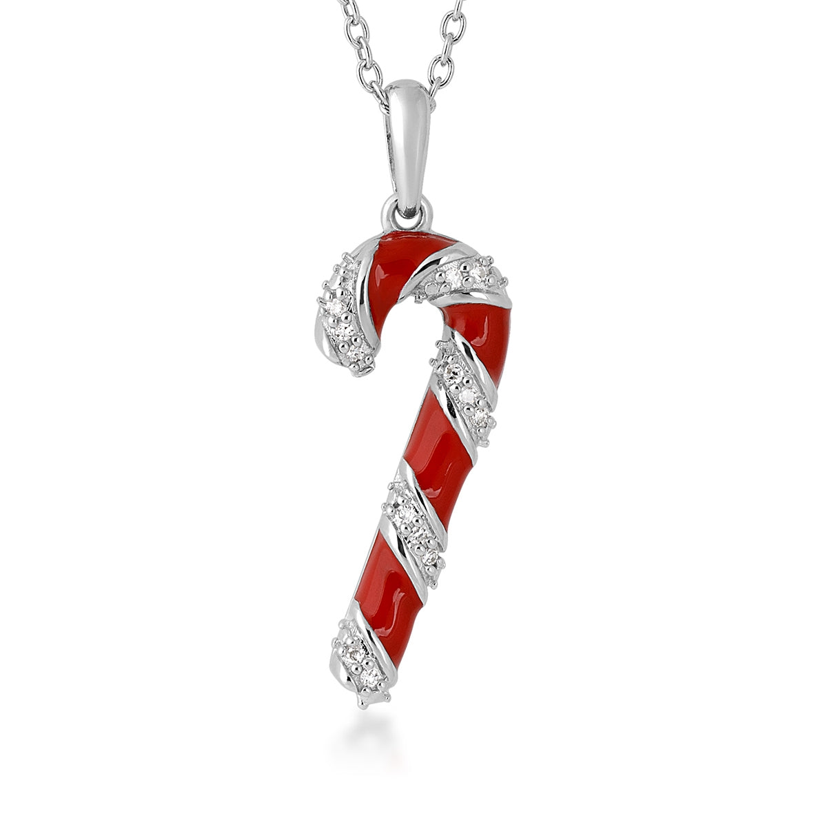 Diamond Accent Candy Cane Pendant in Sterling Silver & Red Enamel