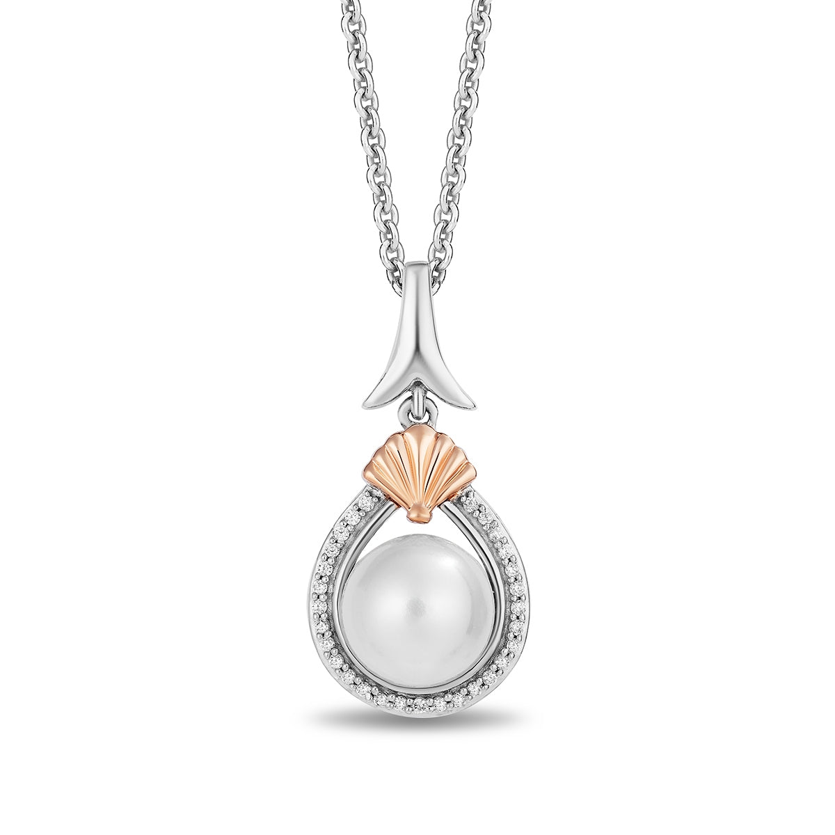 Enchanted Disney Ariel Cultured Pearl & Diamond Accent Pendant in Sterling Silver & 10K Pink Gold
