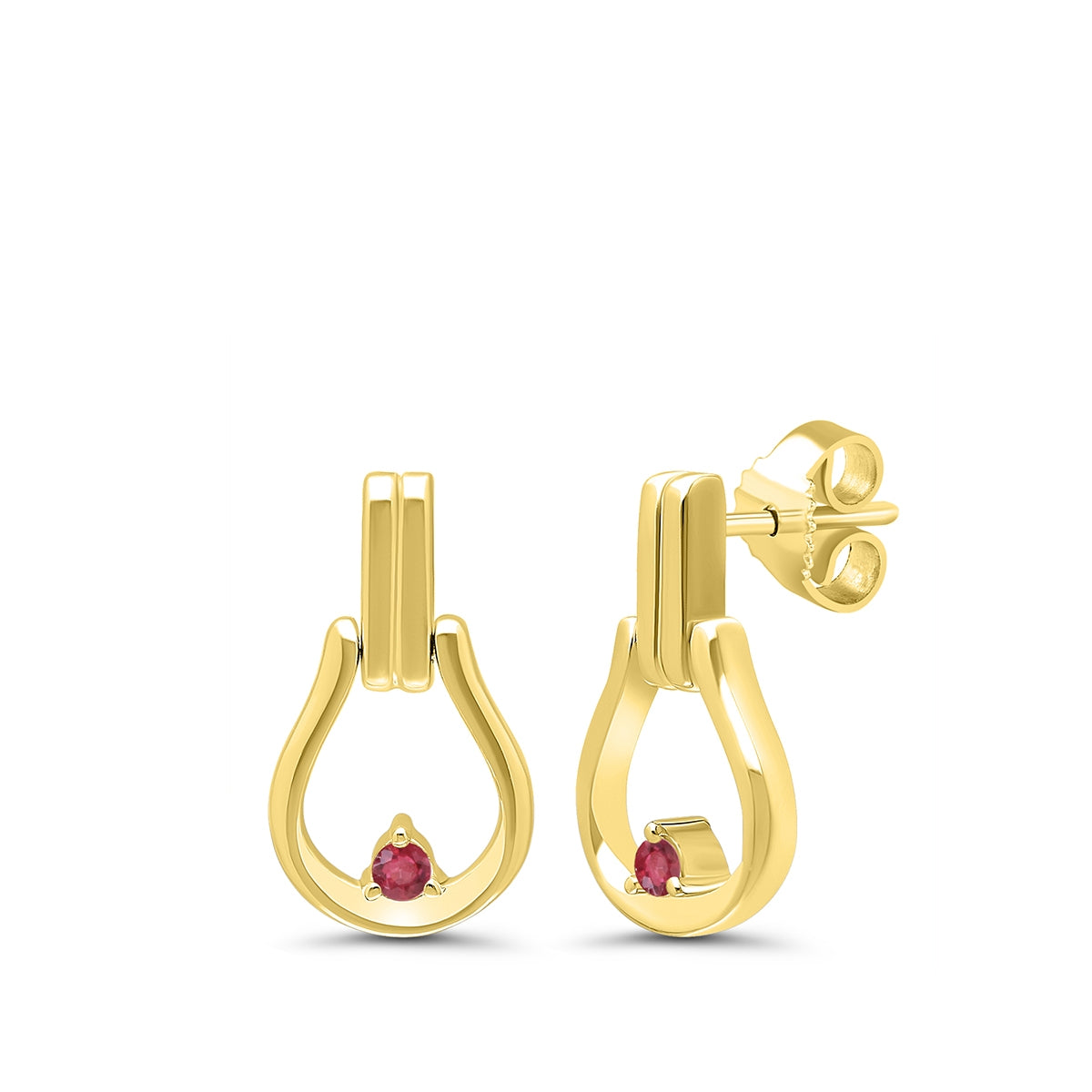Round Ruby Horse Bit Dangle Earrings in 10K Yellow Gold