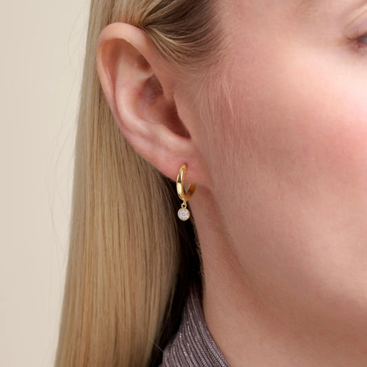 M by Monte Luna Lab-Grown Diamond Accent Drop Huggie Hoop Earrings in 14K Yellow Gold Plated Sterling Silver front view
