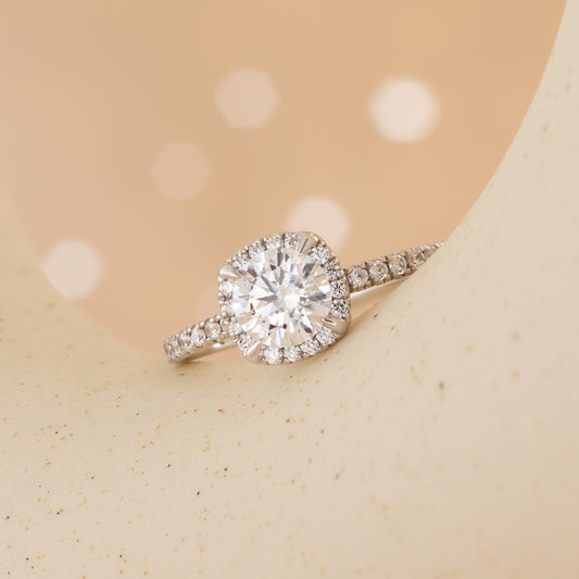 Premier Natural 1-3/8 ct. tw. Round Brilliant Diamond Halo Engagement Ring in 14K White Gold close-up detail