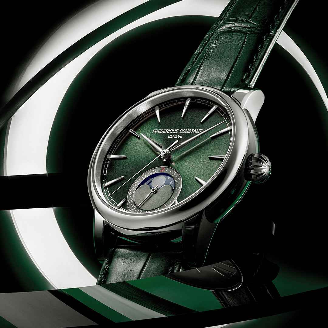 Frederique Constant Men's Classic Moonphase Automatic Stainless Steel Watch with Green Dial & Leather Strap