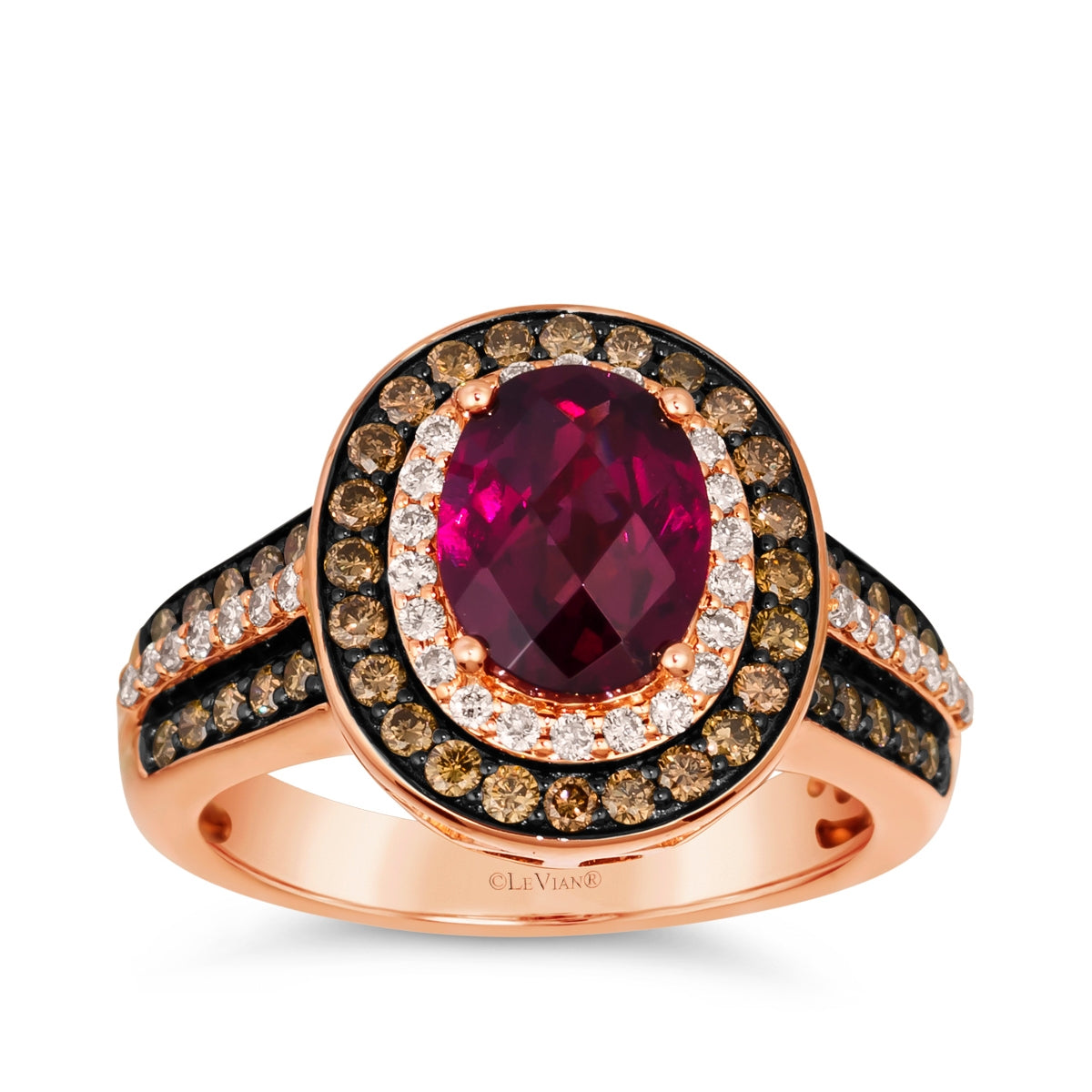 Le Vian Oval Rhodolite Garnet & 7/8 ct. tw. Chocolate & Nude Diamond Double Halo Ring in 14K Strawberry Gold