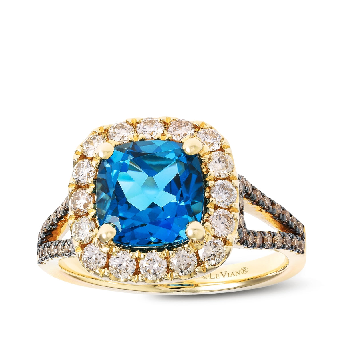 Le Vian Cushion Deep Sea Blue Topaz & 7/8 ct. tw. Nude & Chocolate Diamond Ring in 14K Honey Gold
