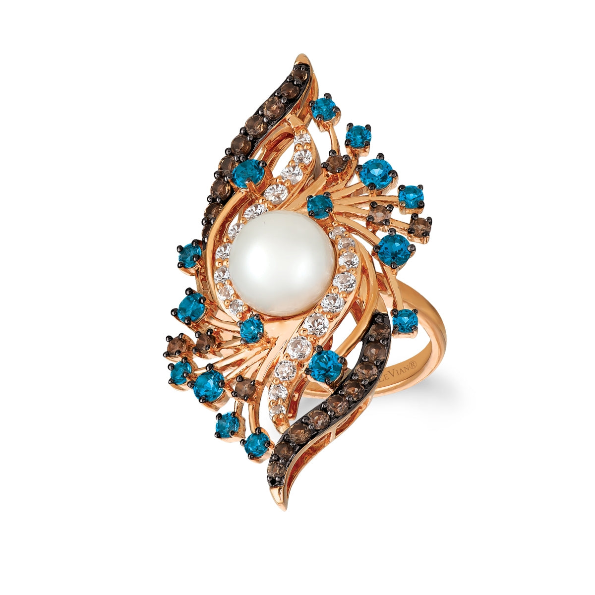 Le Vian Freshwater Pearl & Deep Sea Blue & Vanilla Topaz & Chocolate Quartz Ring in 14K Strawberry Gold