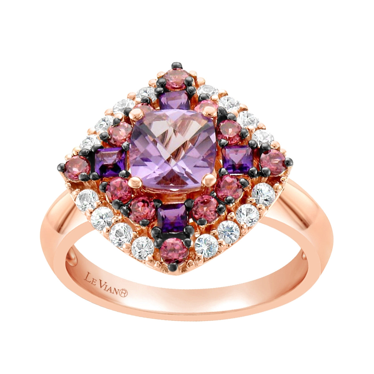 Le Vian Cushion Grape Amethyst & Pomegranate Garnet & Vanilla Sapphire Ring in 14K Strawberry Gold